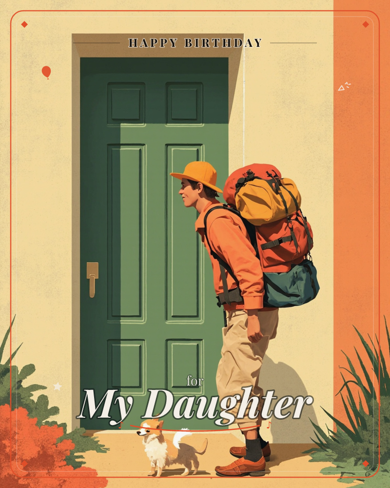 A man in an orange jacket and yellow hat stands before a green paneled door, loaded with a large hiking backpack in orange, yellow and teal, a birthday e-card design