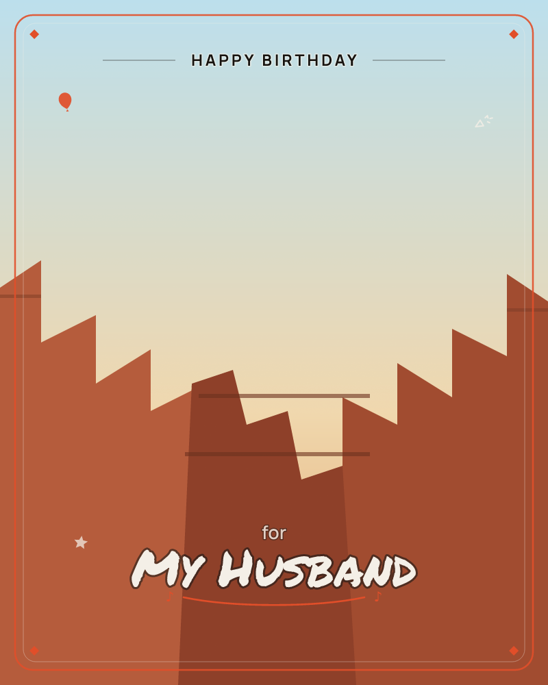 A minimalist desert landscape shows jagged rust-red mesas and canyon walls in flat, layered silhouettes, with a soft pale sky fading from dusty blue to…, a birthday e-card design by @DittyCityTeam