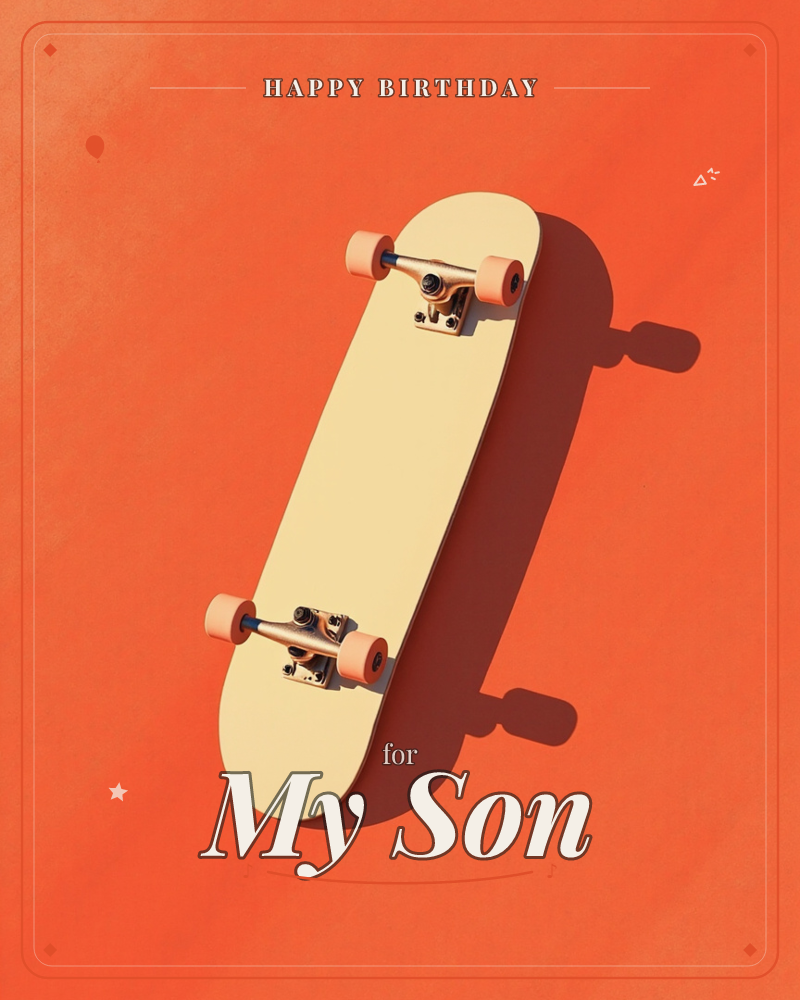A cream-coloured skateboard lies flat against a bold burnt-orange background, shown from above with its wheels and metal trucks facing up, a birthday e-card design