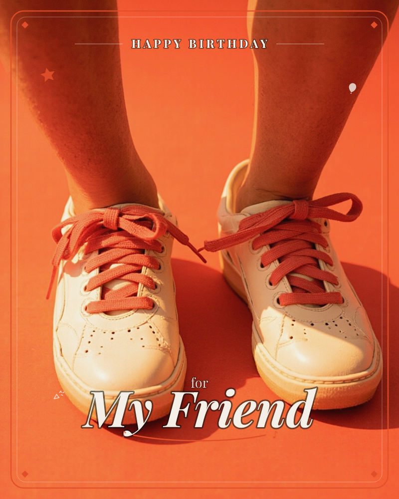 A close-up photograph of a person's bare legs and feet, standing pigeon-toed in white leather sneakers with coral laces, set against a bold flat orange…, a birthday e-card design