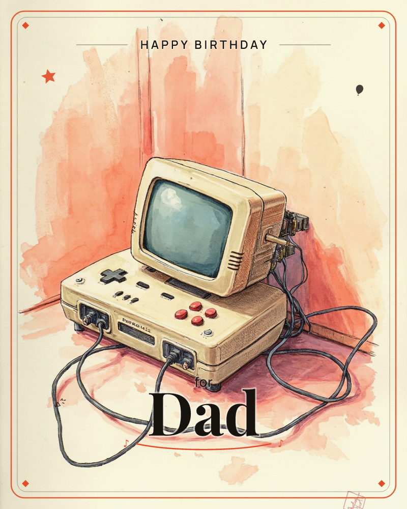 A retro-styled game console with a small built-in screen sits on a beige base, its cords trailing loosely across the floor against a loosely washed…, a birthday e-card design
