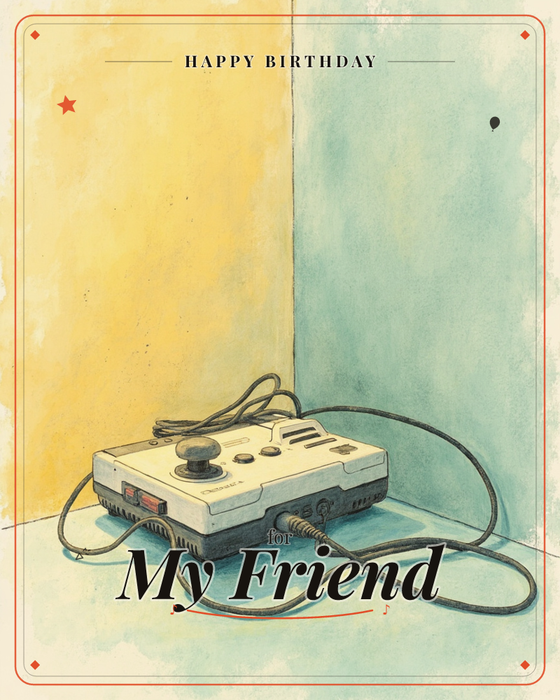 A retro video game controller with a stubby joystick and looping cord sits alone on the floor in the corner of a room, painted walls of mustard yellow…, a birthday e-card design