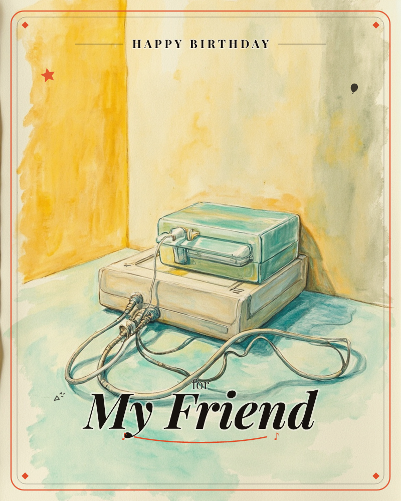 A watercolour still life shows two vintage electronic devices stacked in a corner, a teal case perched atop a larger cream box, their curling cables…, a birthday e-card design
