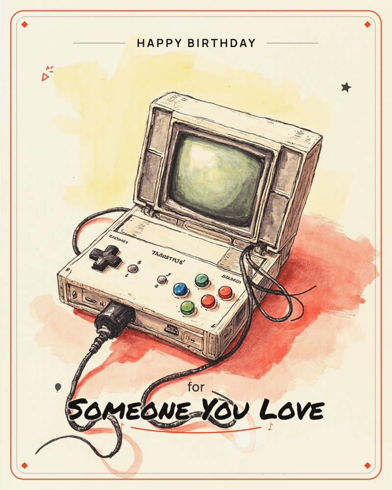A retro handheld game console sits open with its small greenish screen glowing faintly, cables coiling loosely across a warm painted background, a birthday e-card design