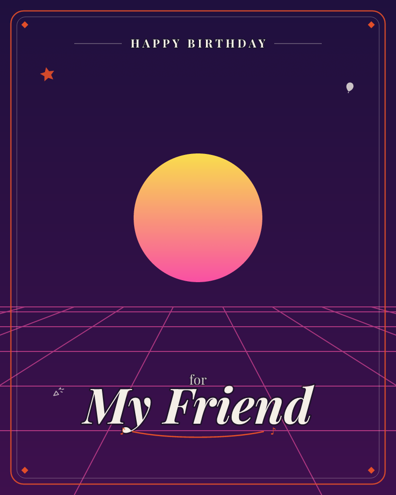 A retro synthwave sun glows in gradient yellow-to-pink above a neon grid horizon, set against a deep purple night sky, a birthday e-card design by @DittyCityTeam