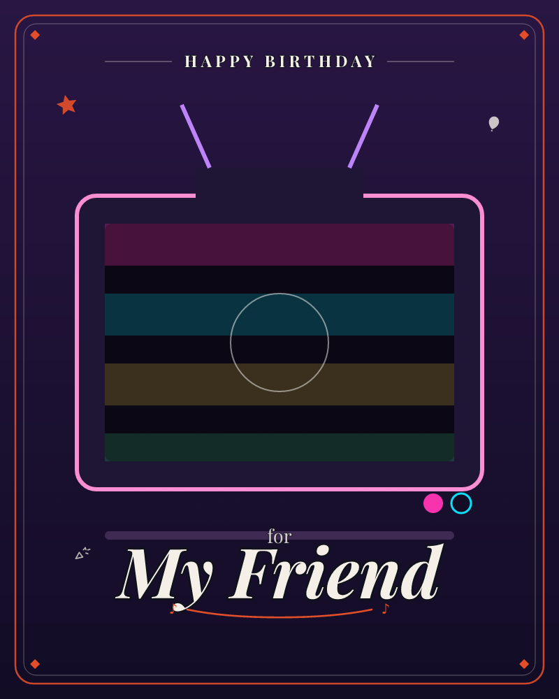 A retro television set glows in neon pink outline against a deep purple background, its antenna lit in violet, a birthday e-card design by @DittyCityTeam