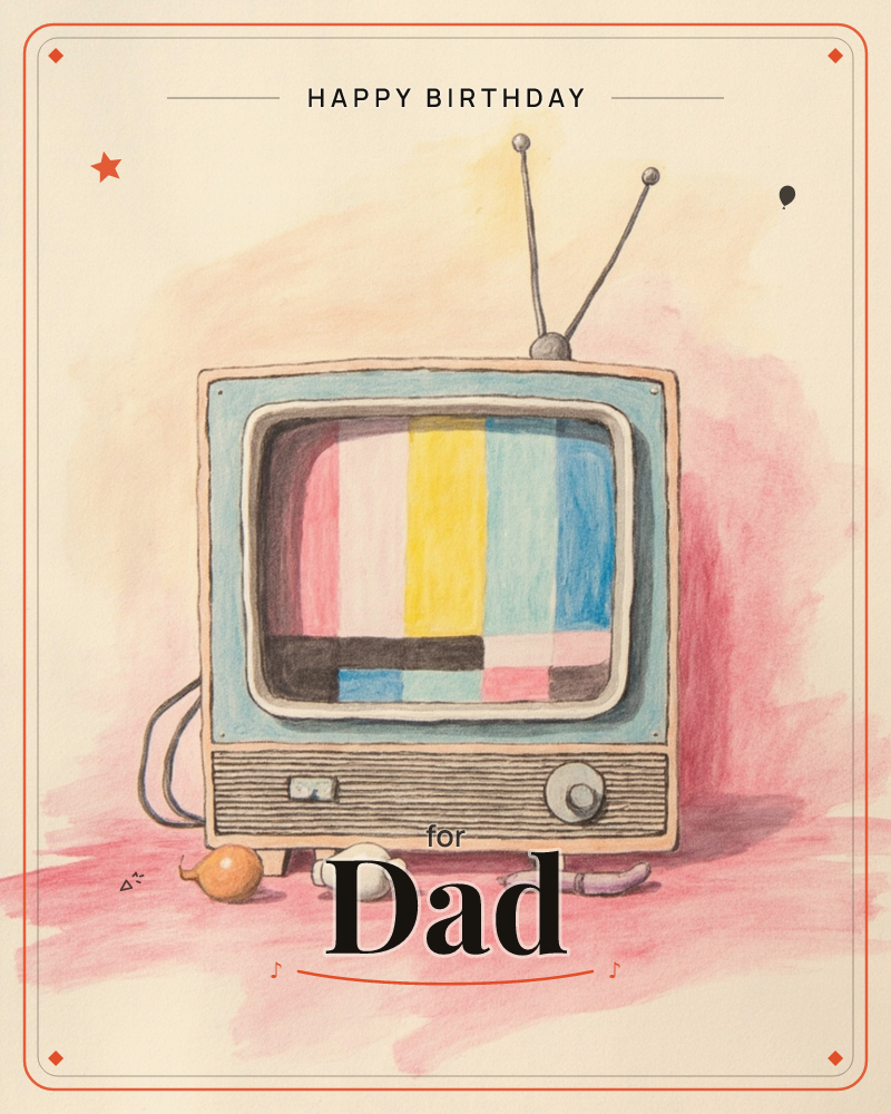 A vintage box television sits on a pink-washed surface, its rabbit-ear antenna tilted up and its screen glowing with a classic colour test pattern of…, a birthday e-card design