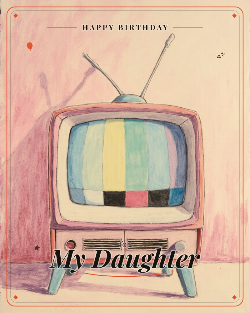 A retro television set stands on slim tapered legs, its rabbit-ear antennas pointing up, screen glowing with a classic colour test-bar pattern, a birthday e-card design