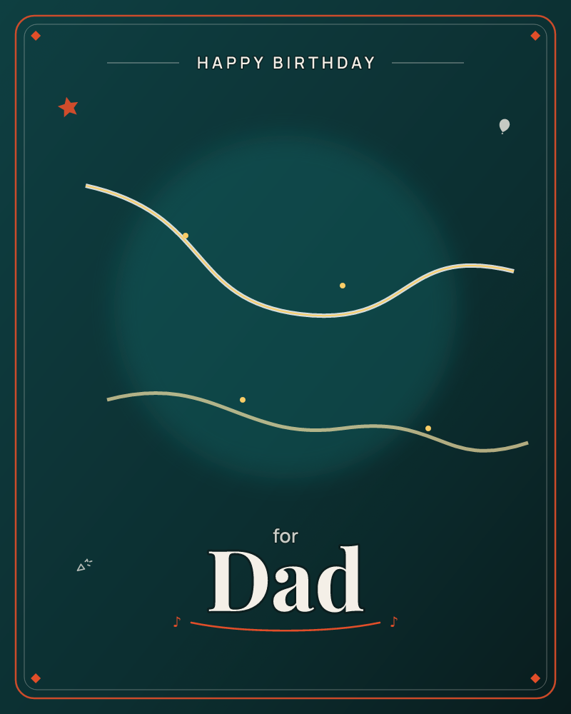 A deep teal background glows softly at its centre like a hidden light source, with two thin cream-coloured wavy lines drifting across it and a few…, a birthday e-card design by @DittyCityTeam