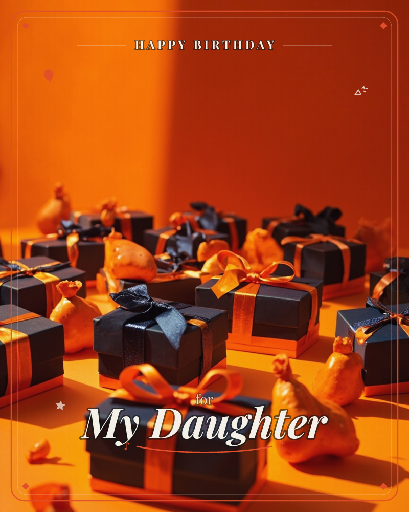 A cluster of small black gift boxes tied with orange satin ribbons and bows sits scattered across a bright orange surface, alongside a few gilded…, a birthday e-card design