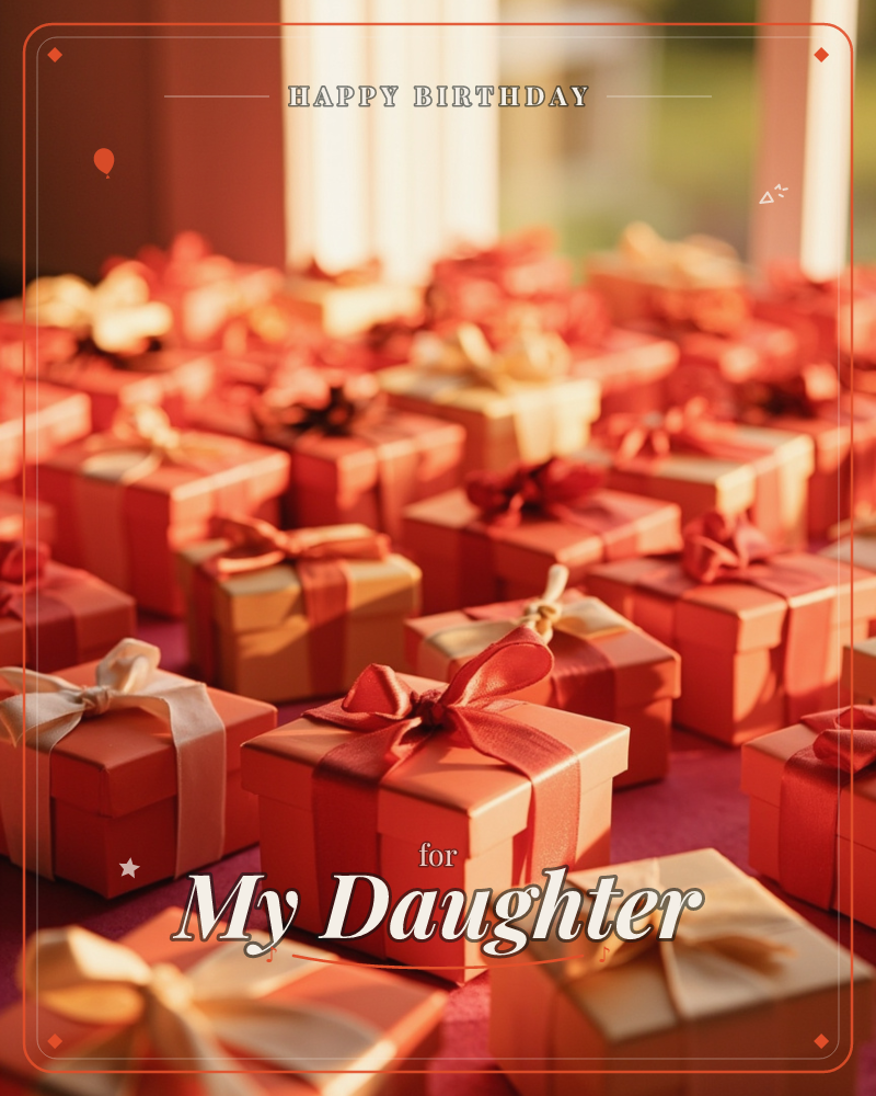 Rows and rows of small square gift boxes in coral and blush tones cover a table, each tied with a satin bow in cream, red or peach, a birthday e-card design