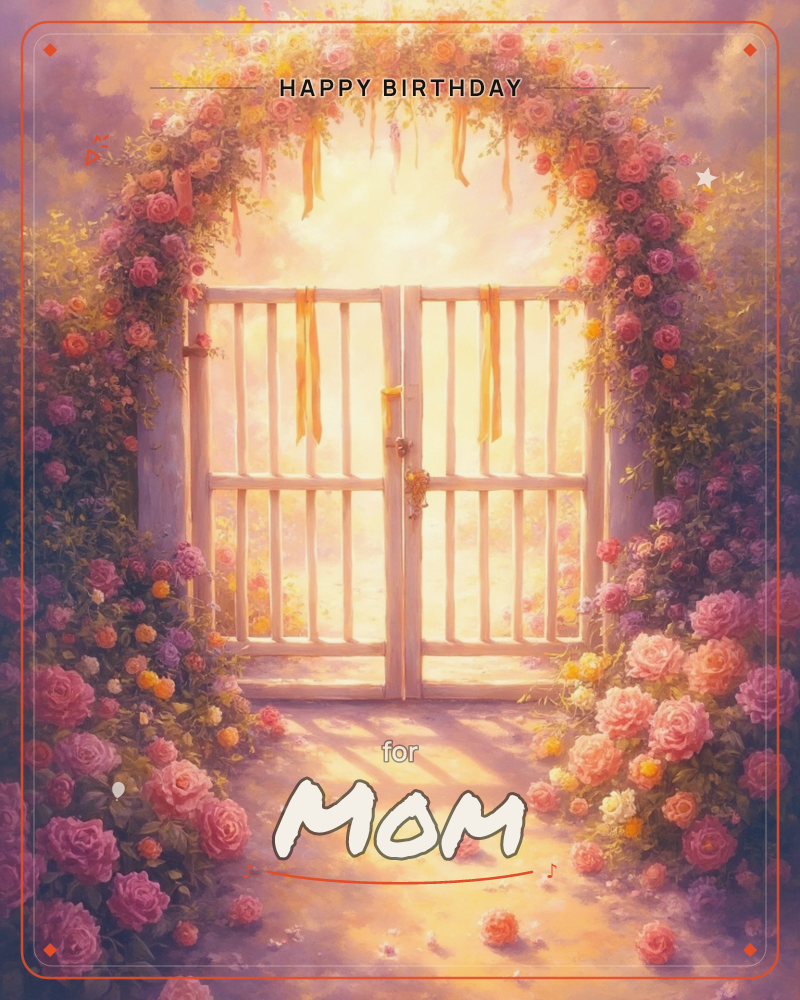A white wooden garden gate stands open beneath an arch overflowing with pink and coral roses, golden ribbons trailing from the top rail, a birthday e-card design