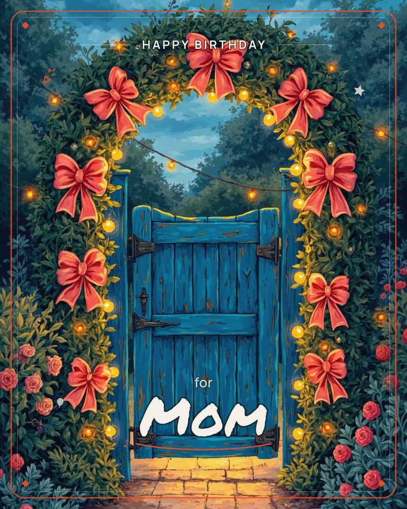 A weathered blue wooden gate stands closed beneath a leafy archway strung with warm glowing lights and dotted with red bows, a birthday e-card design
