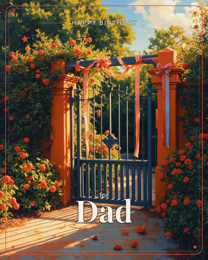 A wrought-iron garden gate stands open between two terracotta-orange pillars, framed by lush green hedges bursting with clusters of orange roses, a birthday e-card design