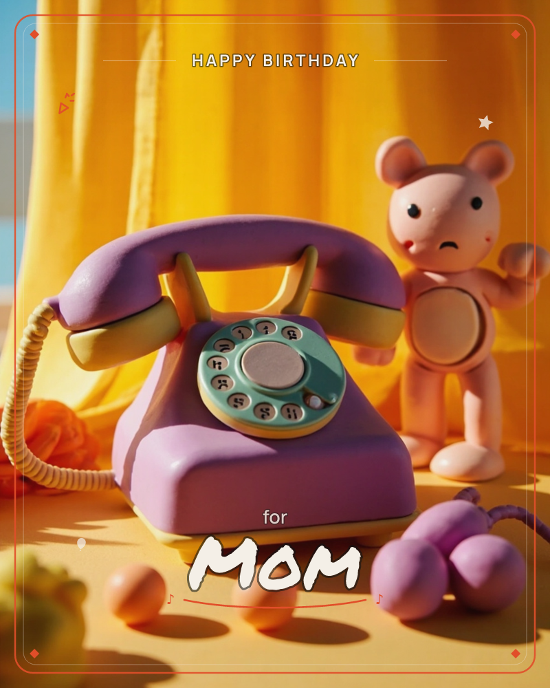 A whimsical 3D-rendered scene shows a purple rotary telephone with a mint-green dial standing beside a wide-eyed toy bear figure against a sunlit…, a birthday e-card design
