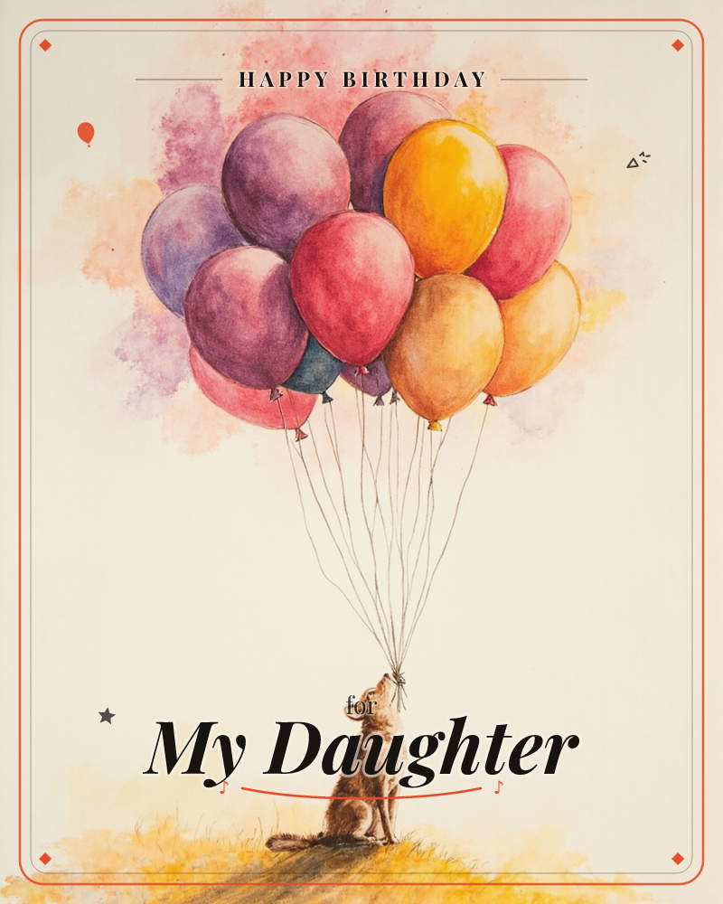 A dog sits atop a golden grassy knoll, holding the strings of a huge bunch of balloons in its mouth as they float against a soft, cloudy watercolor sky, a birthday e-card design