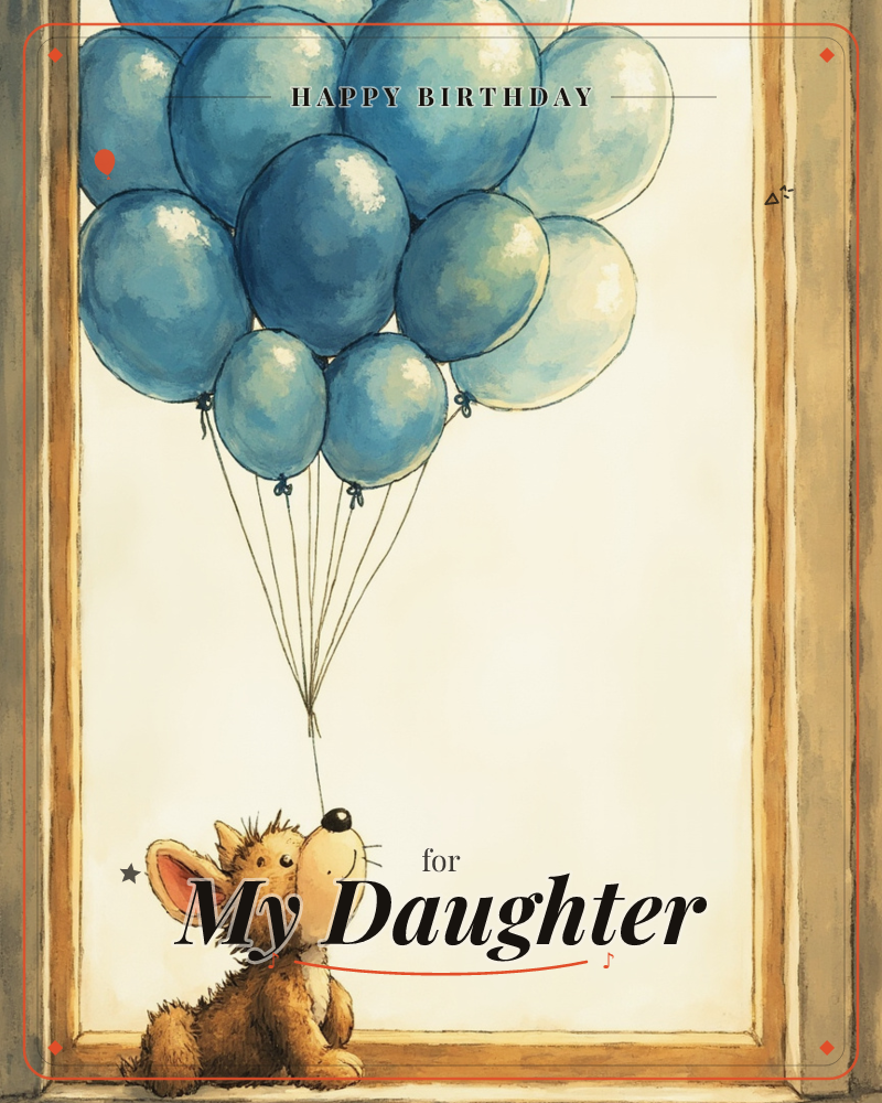 A small, scruffy-eared puppy sits on a windowsill gazing up at a huge bunch of blue balloons tied to its paw, the strings pulling gently skyward, a birthday e-card design