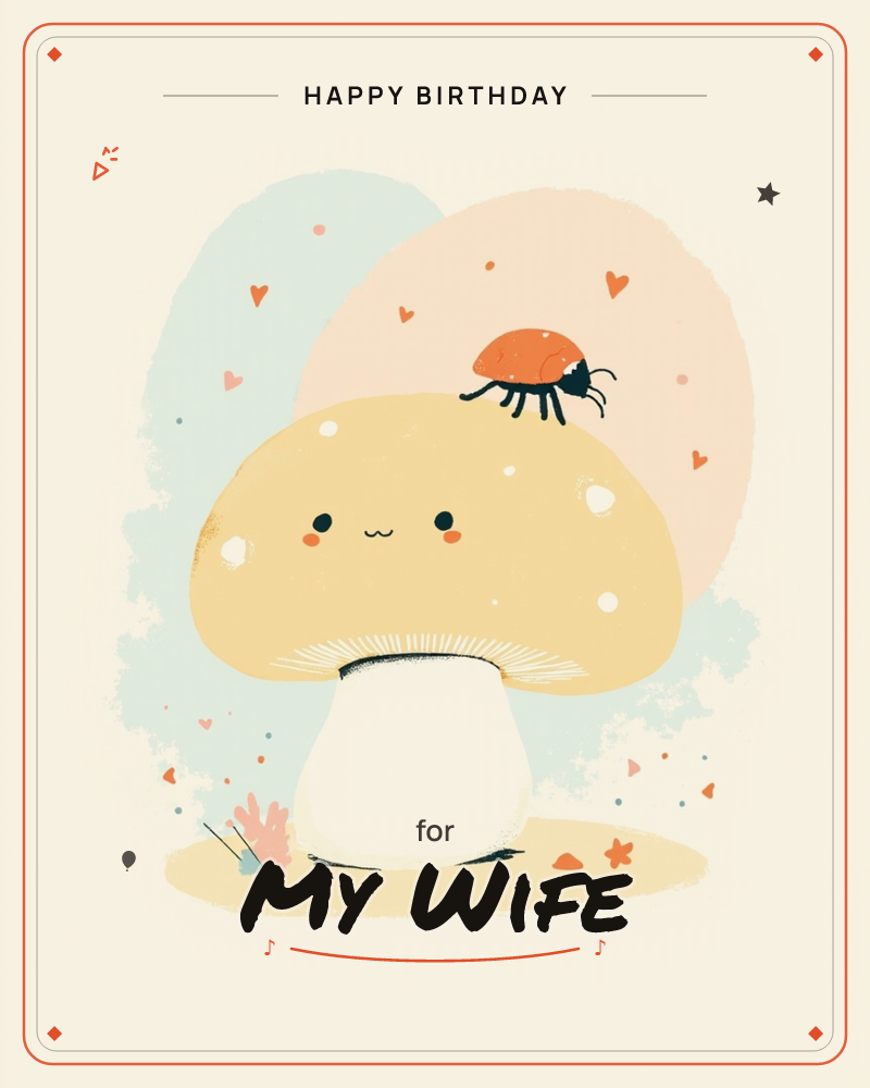 A round, smiling mushroom with a pale yellow speckled cap sits centre stage while a small orange ladybug perches on top, a birthday e-card design