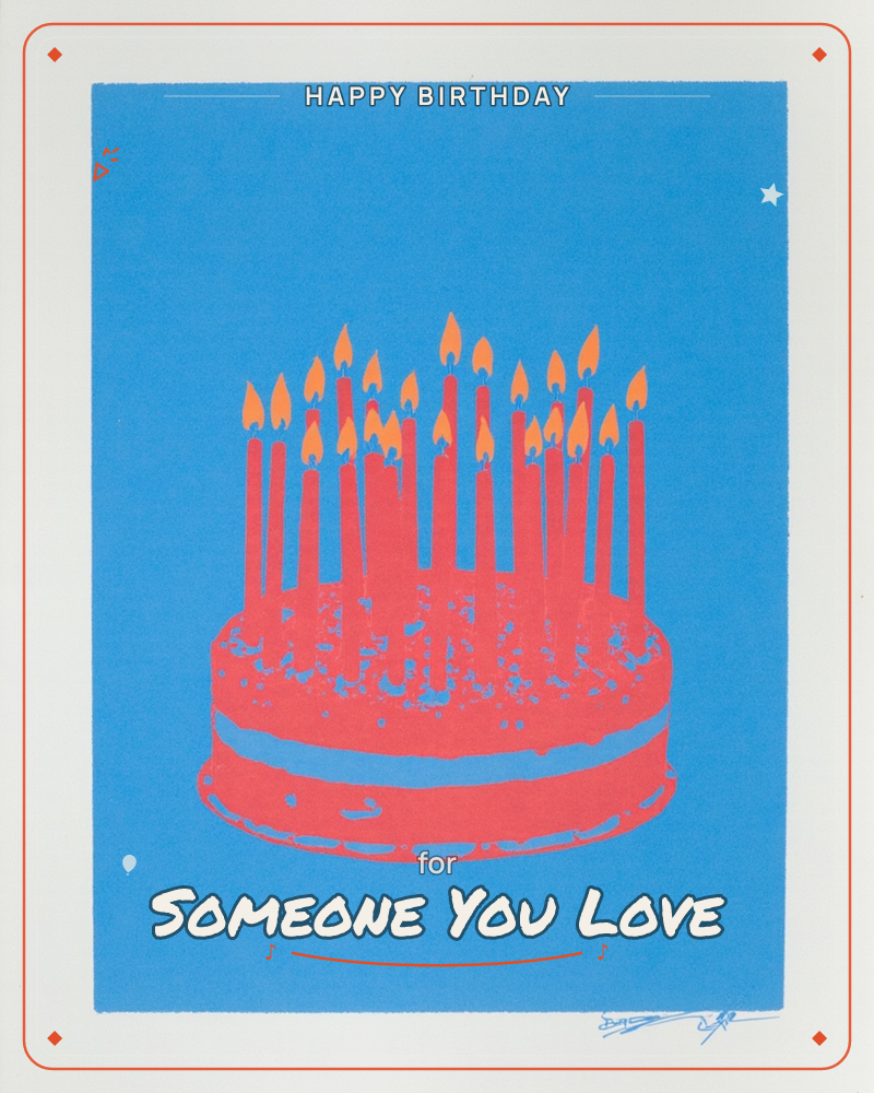A bold screen-printed birthday cake sits against a flat sky-blue background, rendered entirely in hot coral-red with a crowd of tall candles blazing in…, a birthday e-card design
