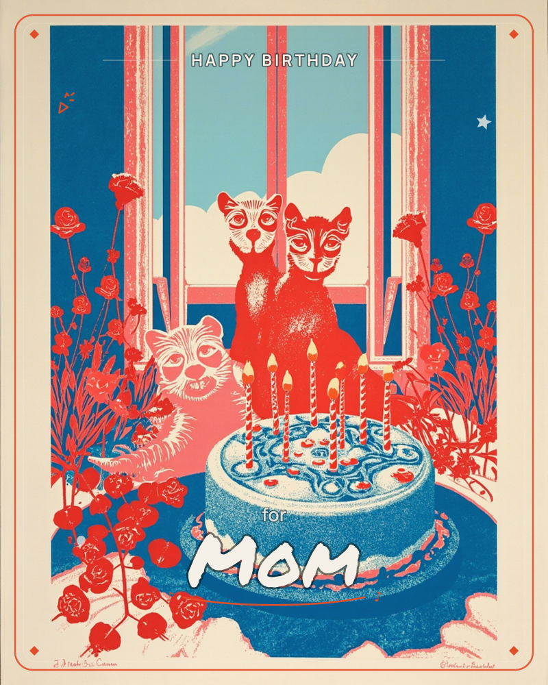 A screen-printed illustration shows three stylised cats perched behind a tall birthday cake topped with lit candles, framed by an open window and…, a birthday e-card design