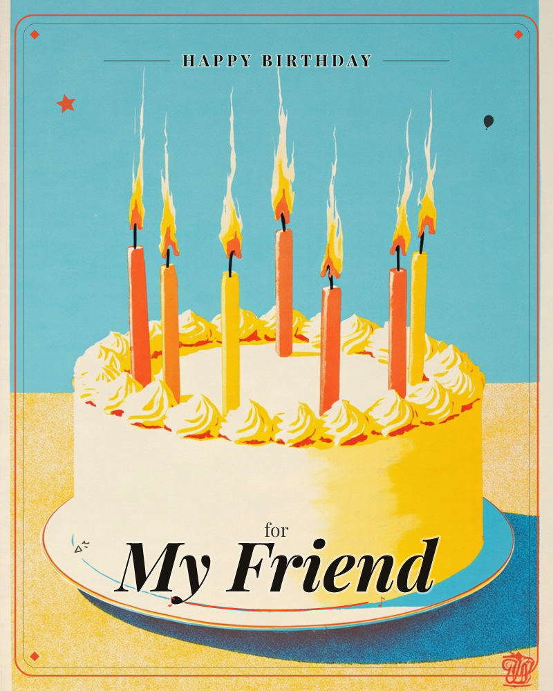 A round white-frosted cake sits on a plate against a flat sky-blue background and mustard-yellow tabletop, topped with a ring of piped buttercream swirls, a birthday e-card design