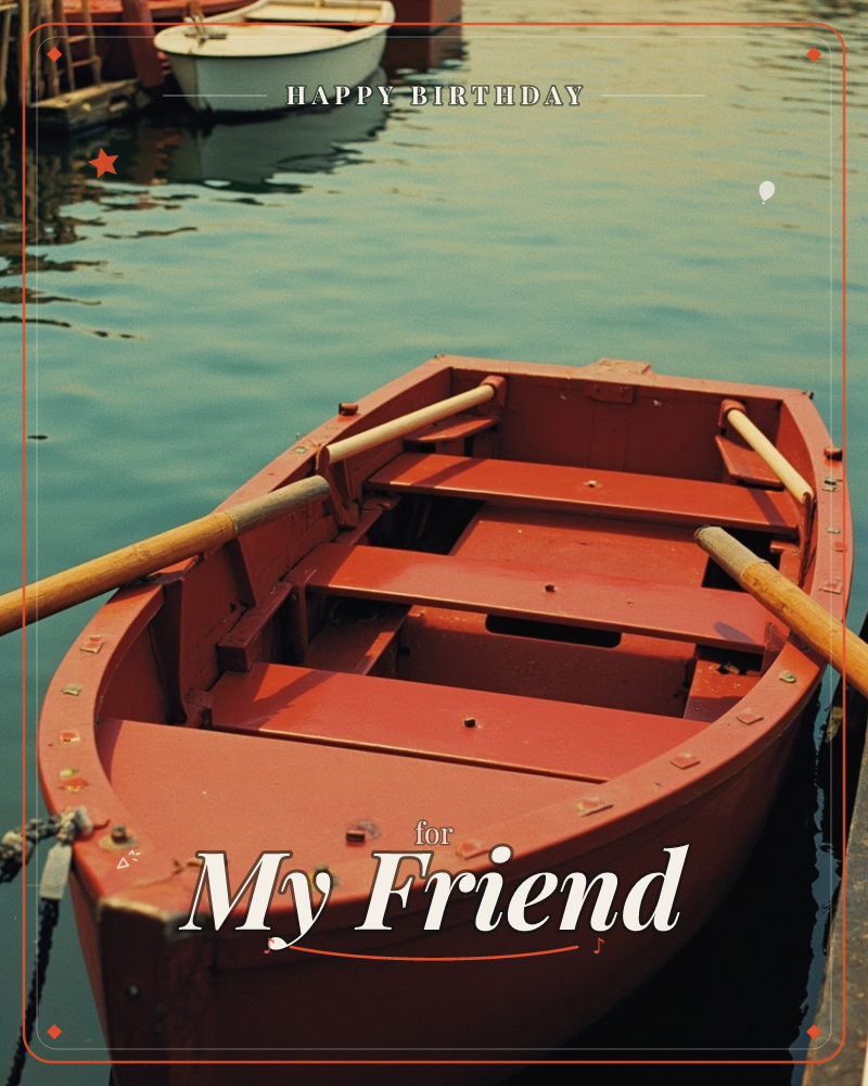 A weathered red rowboat sits moored at a harbour, its wooden oars resting across the hull, while a white boat floats softly out of focus behind it on…, a birthday e-card design
