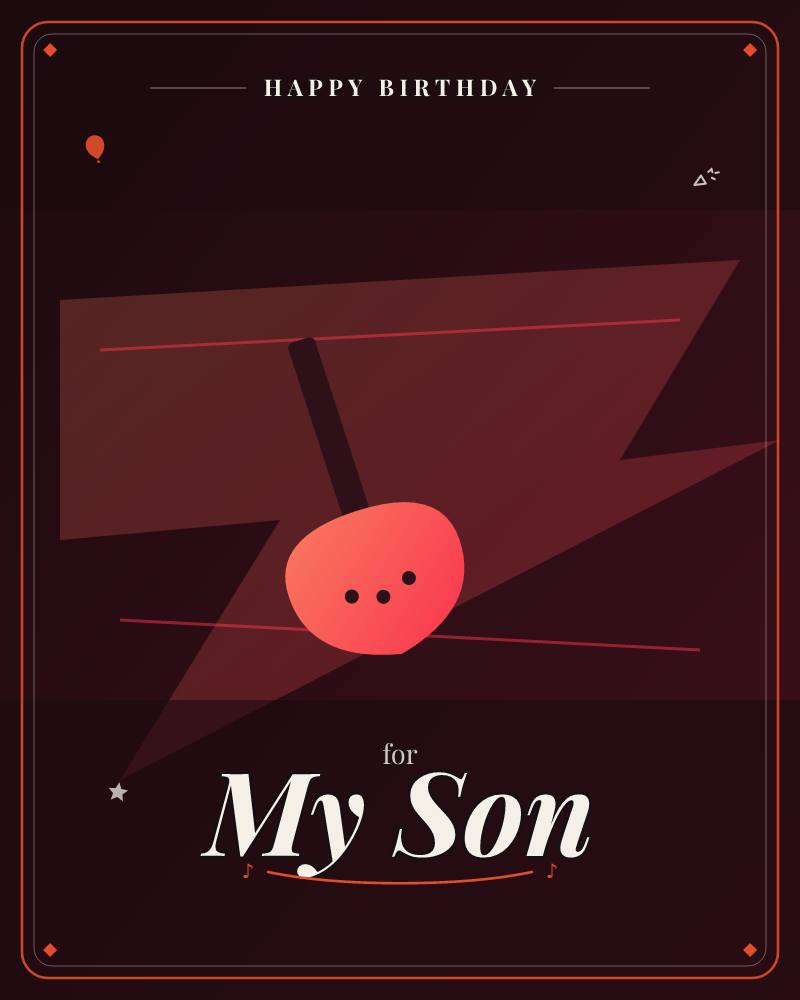 A dark, moody card dominated by a jagged lightning-bolt shape glowing deep maroon against black, a birthday e-card design by @DittyCityTeam