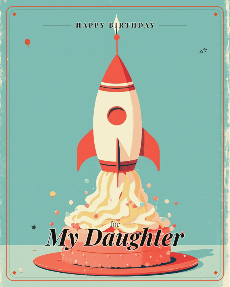 A retro-style rocket blasts off from the center of a frosted cake, its flame curling upward like a candle while swirls of buttercream stand in for…, a birthday e-card design
