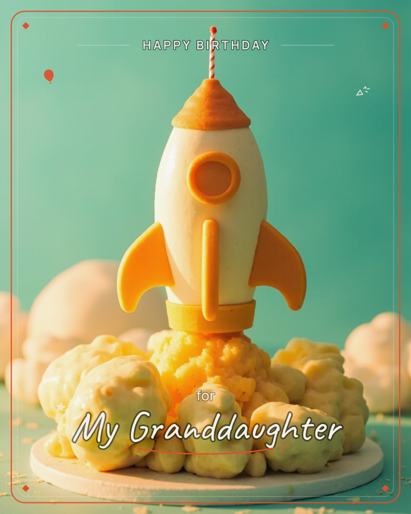 A cream and orange rocket-shaped cake sits atop a plate ringed with puffy cloud-like frosting swirls that double as blast-off smoke, a striped candle…, a birthday e-card design