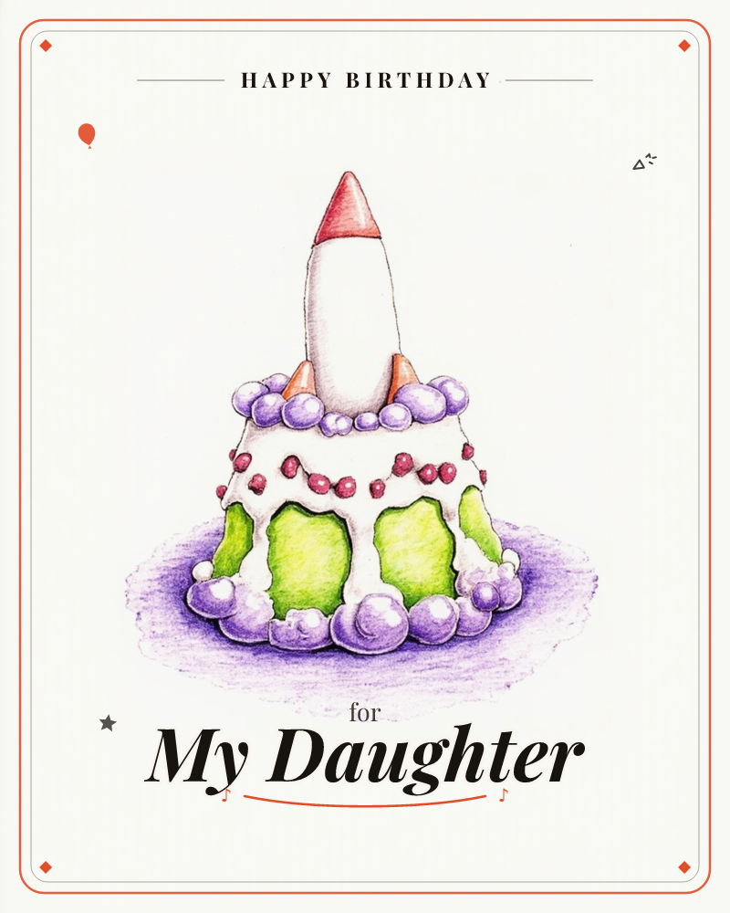 A tiered white cake shaped like a rocket ship, its nose cone painted in bright red with three little side-thruster fins peeking out from a ruffle of…, a birthday e-card design