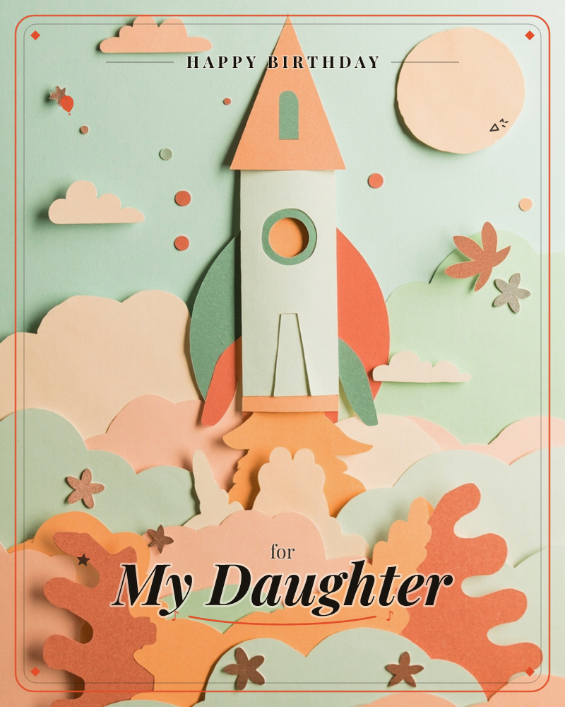 A paper-cutout rocket ship blasts off from a layered landscape of clouds, hills and foliage rendered in soft mint, peach and coral card stock, a birthday e-card design