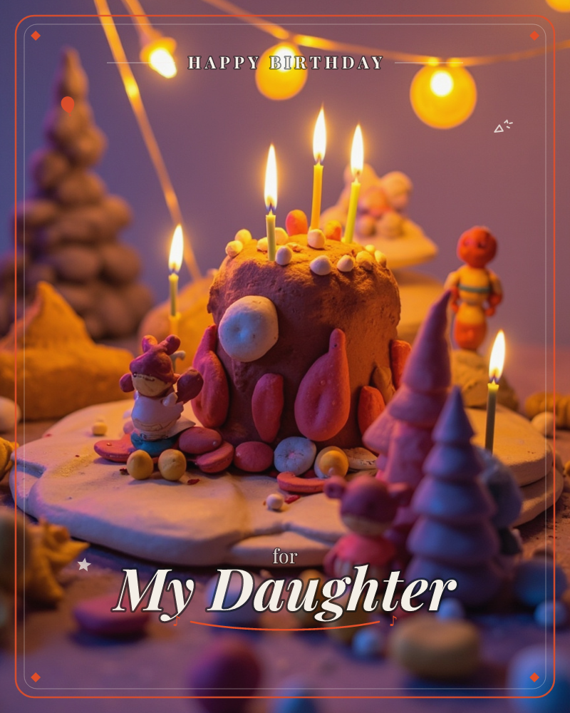 A claymation-style birthday cake sits at the centre of a tiny handmade world, studded with candy shapes and lit by four flickering candles, a birthday e-card design