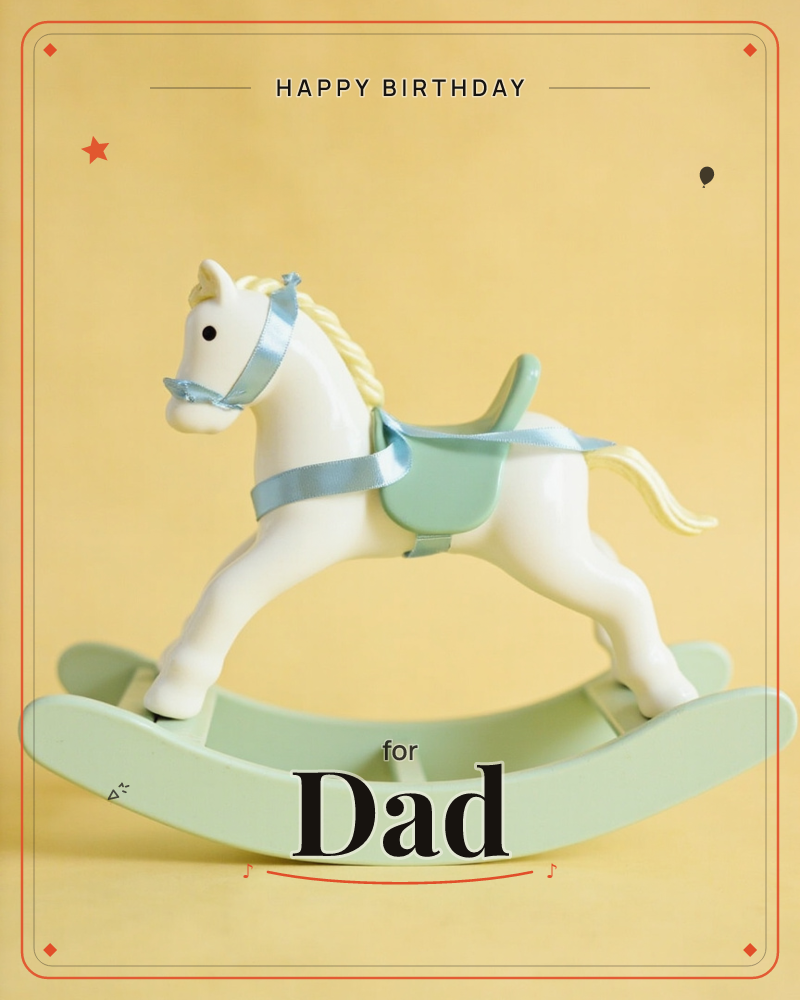 A classic white rocking horse with a pale mint saddle and rockers stands centred against a warm buttery-yellow background, a birthday e-card design