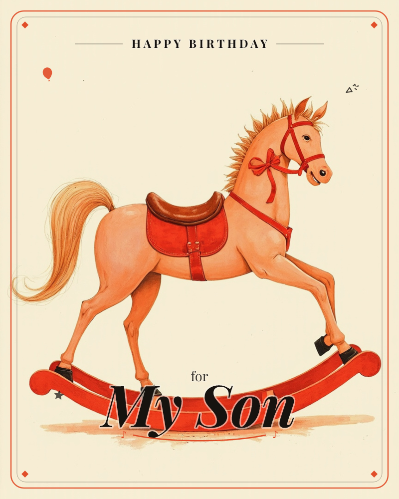A classic rocking horse stands mid-rock on its curved red base, painted in warm caramel tones with a flowing golden mane and tail, a birthday e-card design