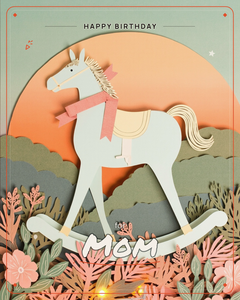 A pale sage-green rocking horse stands at the center of a paper-cut diorama, wearing a coral scarf tied in a bow, set against a glowing orange sunset…, a birthday e-card design