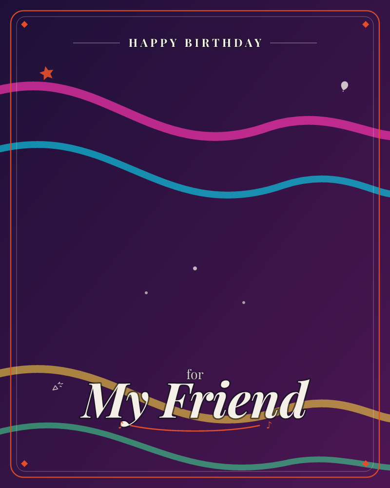 A deep purple night sky is crossed by four glowing wavy ribbons of light in pink, blue, gold and green, framing a quiet dark space in the middle where…, a birthday e-card design by @DittyCityTeam