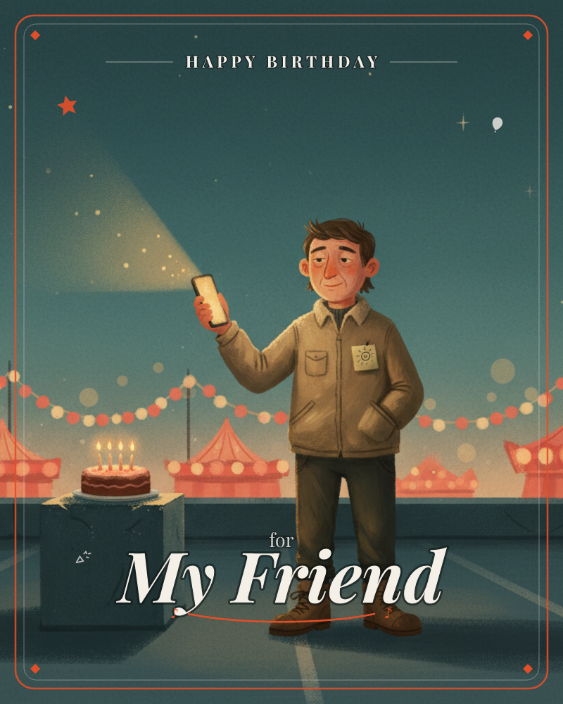 A lone rooftop under a starlit dusk, glowing phone light and flickering candles beside distant carnival tents strung with soft lantern lights, a birthday e-card design by @DittyCityTeam