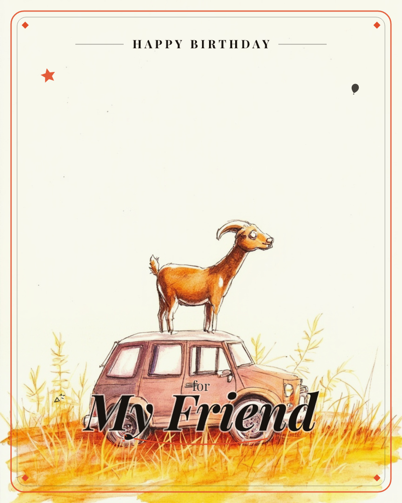 A whiskery orange-brown goat stands proudly on the roof of a small boxy car, parked in tall dry grass under a soft, glowing vignette of light, a birthday e-card design