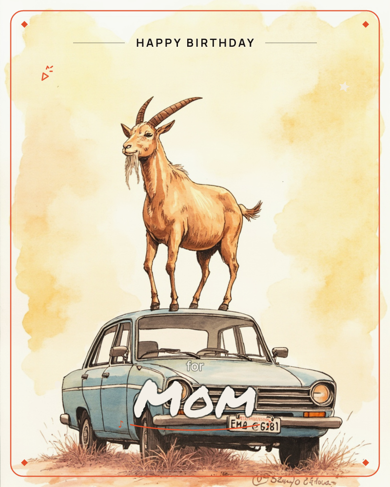 A large horned goat stands proudly on the roof of a vintage light-blue sedan, chewing a mouthful of grass with a satisfied look, a birthday e-card design