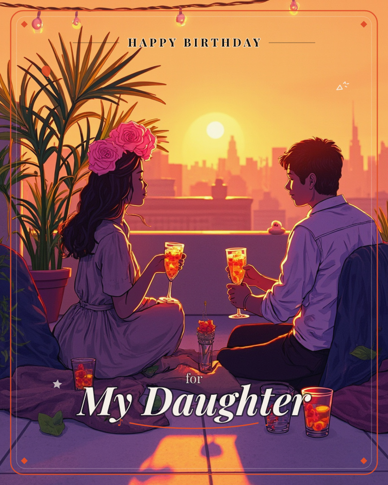 A woman and a man sit cross-legged on a rooftop terrace at golden hour, clinking glasses filled with an orange spritz drink as the sun sinks behind a…, a birthday e-card design