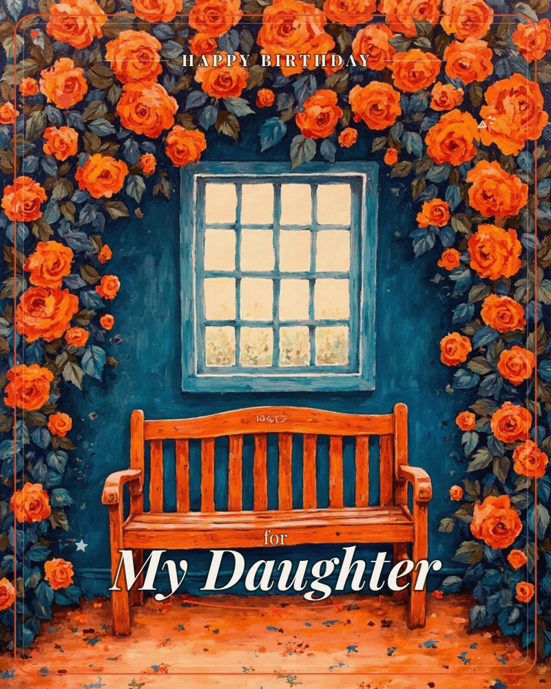 A wooden bench sits empty against a deep teal wall, framed on both sides by a dense archway of orange roses climbing up toward a paned window glowing…, a birthday e-card design