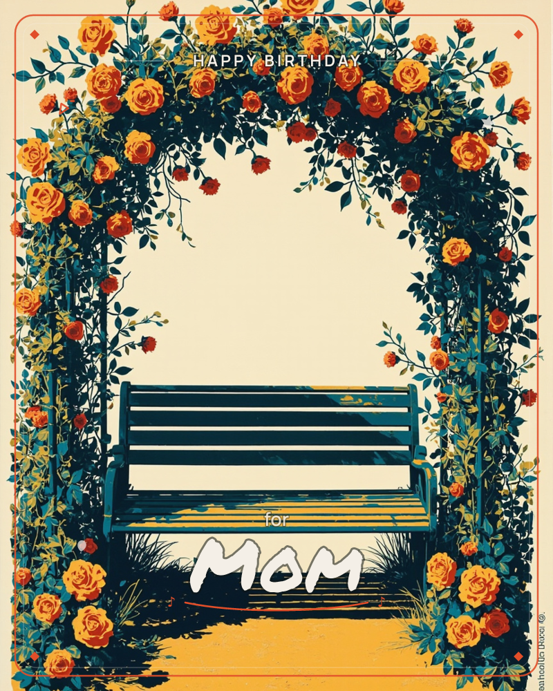 A garden bench sits beneath an archway thick with climbing roses in orange and red, their trailing vines framing a plain cream sky, a birthday e-card design
