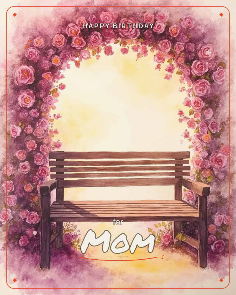A wooden garden bench sits empty beneath an archway thickly covered in blooming pink and magenta roses, the flowers curving overhead like a doorway, a birthday e-card design