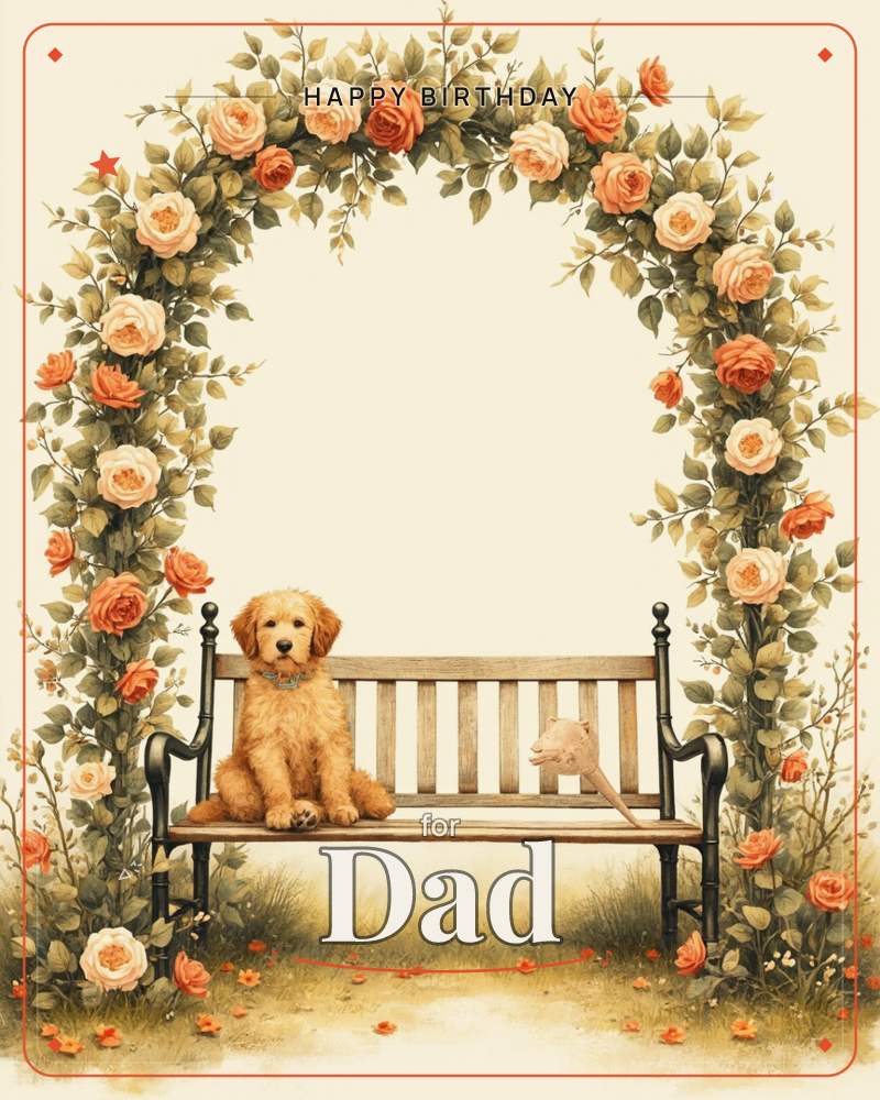 A golden puppy sits patiently on a wooden garden bench beneath a rose-covered archway, a small toy resting beside it, a birthday e-card design