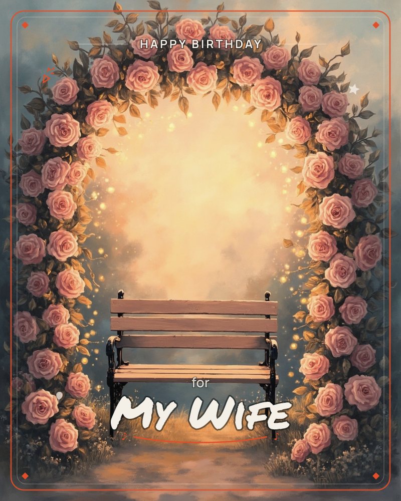 An empty wooden bench sits beneath a rounded archway thick with blooming pink roses and trailing leaves, glowing fireflies or light specks drifting…, a birthday e-card design