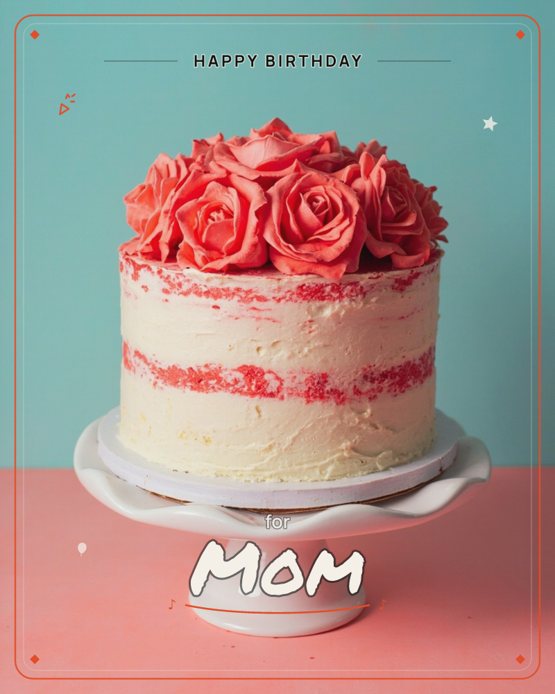 A tall layer cake with thinly iced white frosting and peeks of red velvet sponge sits on a scalloped white cake stand, crowned with a cluster of…, a birthday e-card design