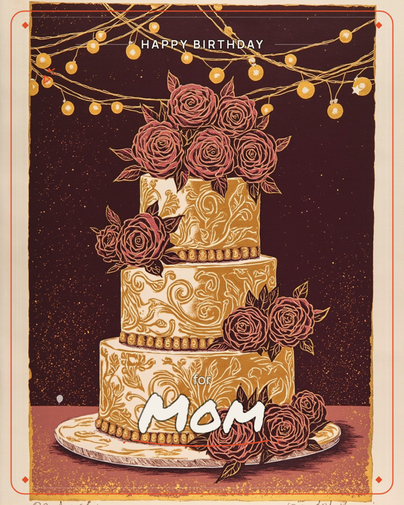 A three-tiered cake stands against a deep maroon night sky, its gold scrollwork icing glowing under strings of lit fairy lights, a birthday e-card design