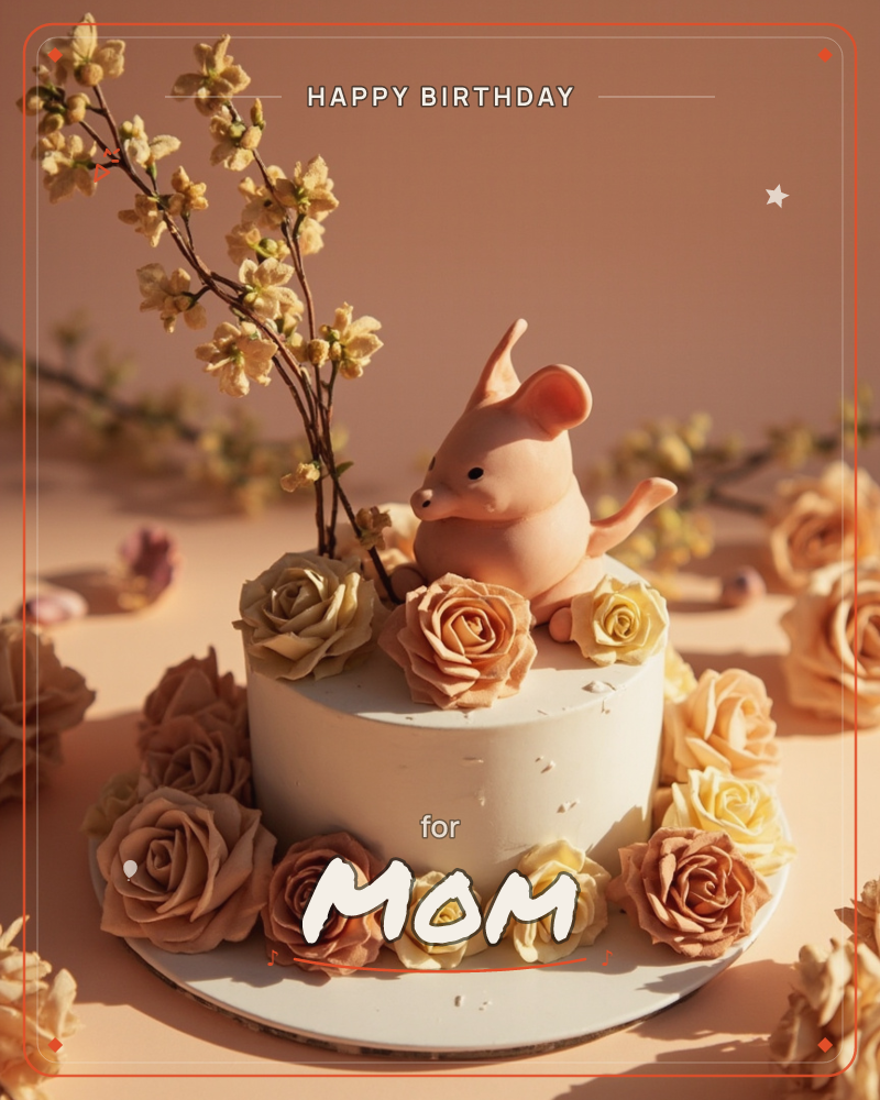 A round white cake sits ringed with peach and cream roses, topped with a whimsical clay-like mouse figure and a sprig of delicate blossoms, a birthday e-card design