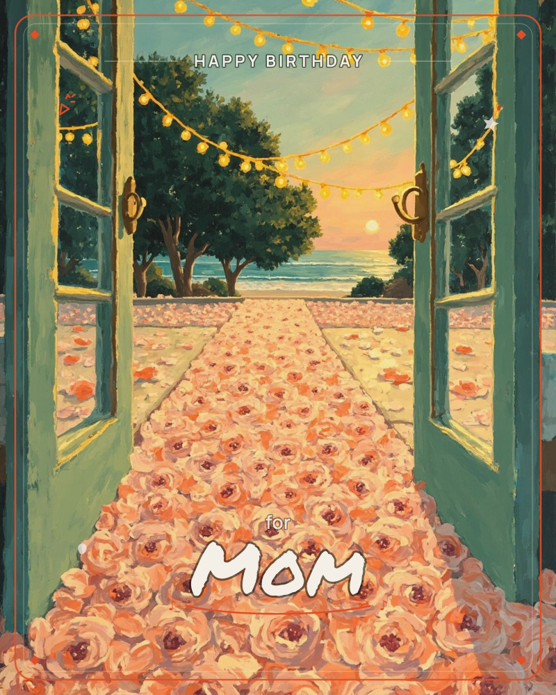 A pair of teal-green French doors swings open onto a path carpeted entirely in blush pink roses, leading toward a sunset beach lined with trees, a birthday e-card design
