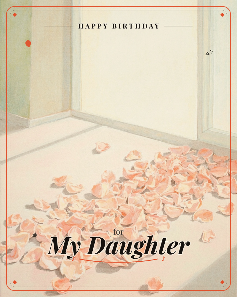 A quiet corner of a room where soft light spills through a tall window, catching a scattered drift of pale pink and peach petals across the pale…, a birthday e-card design